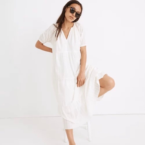 Madewell Dresses & Skirts - NWT Madewell Textured Stripe Bubble Sleeve Tiered Midi Dress